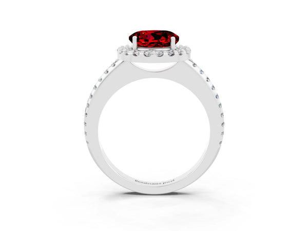 Silver Round Cut Ruby Pavé Halo Ring with Four-Prong Setting