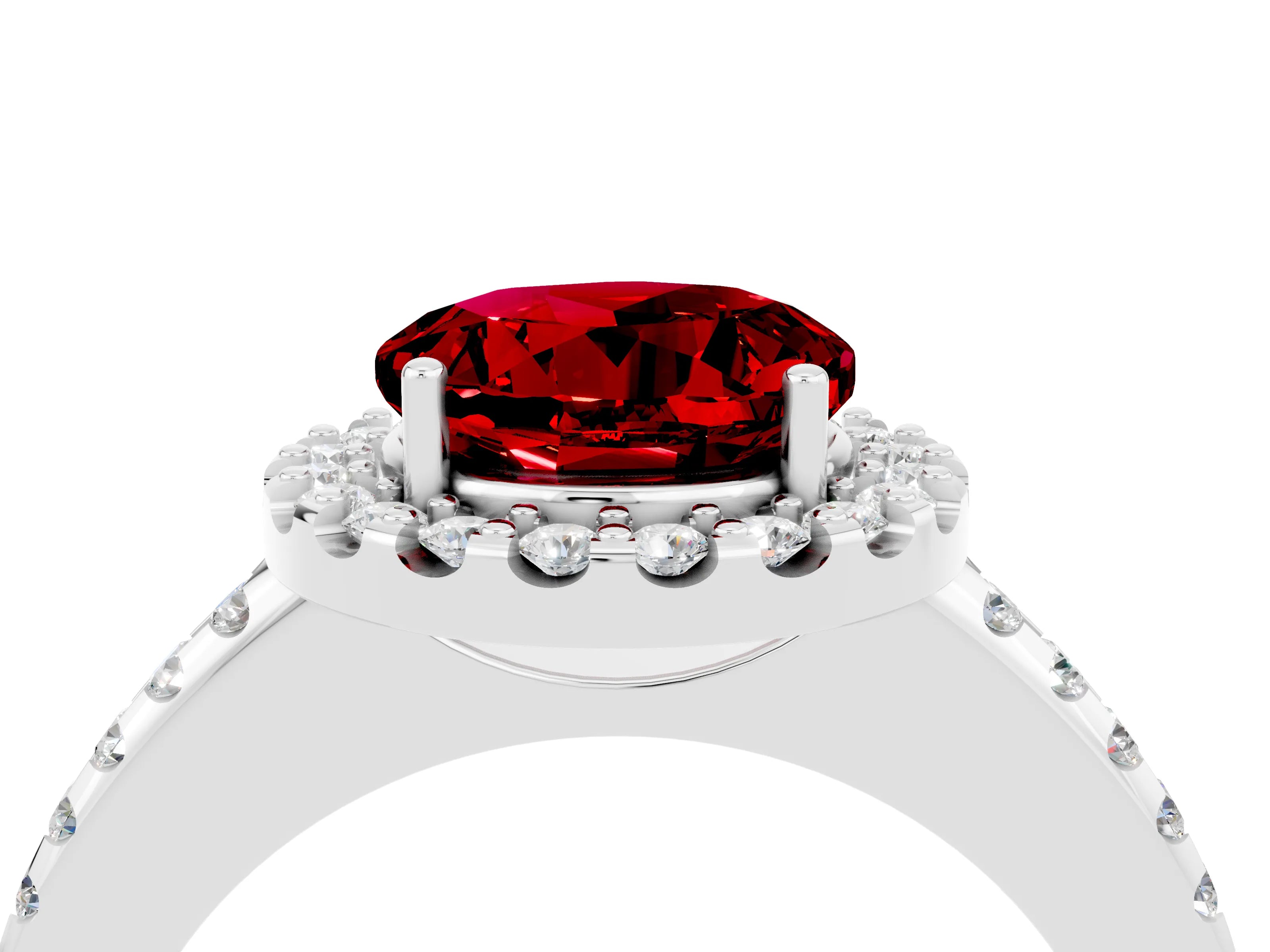 White gold Round Cut Ruby Pavé Halo Ring with Four-Prong Setting_16