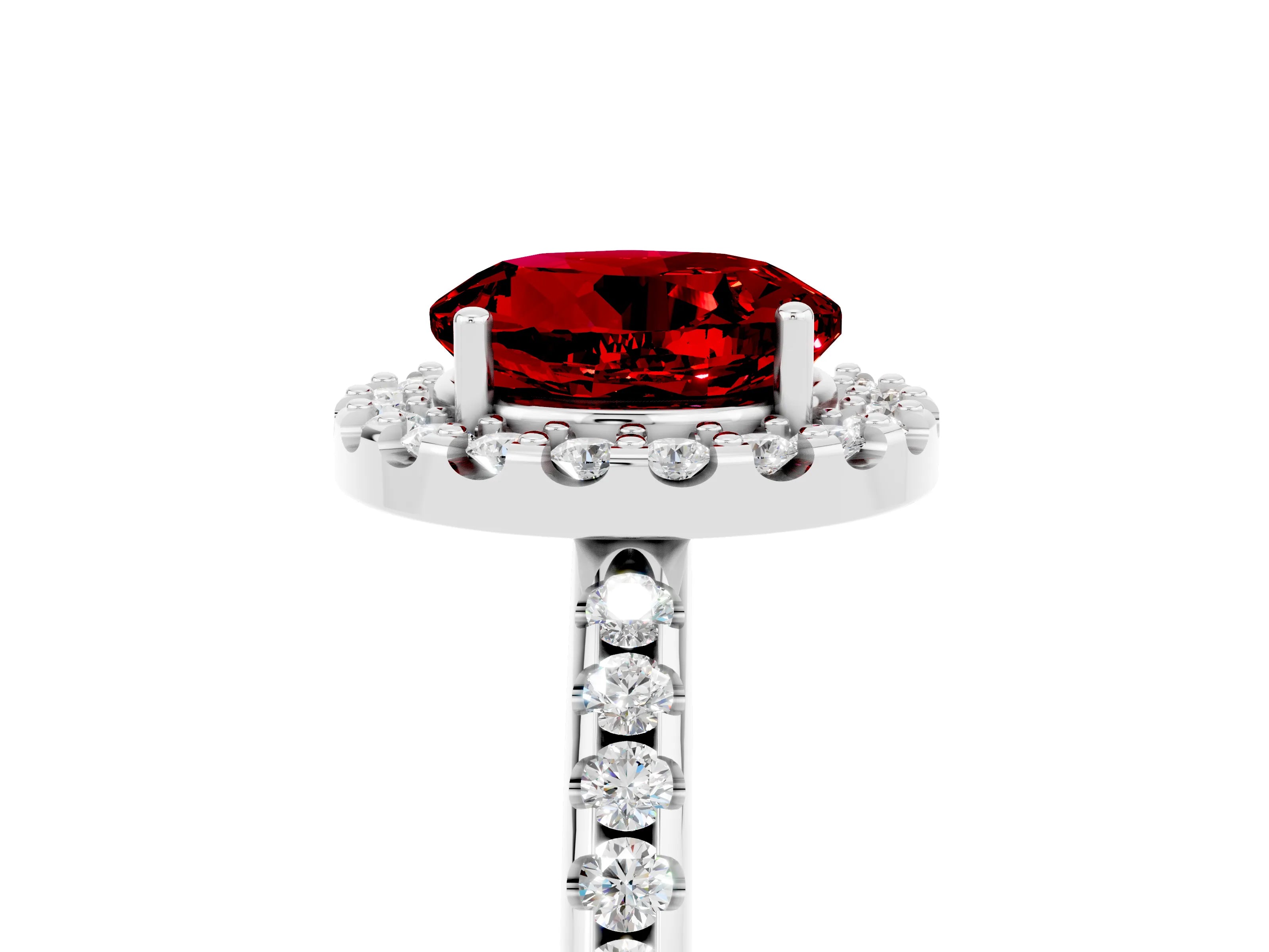 White gold Round Cut Ruby Pavé Halo Ring with Four-Prong Setting_17