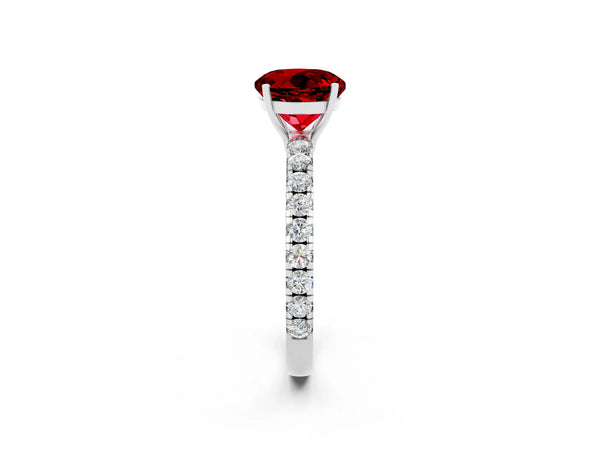 Platinum Round Cut Ruby Pavé Solitaire Engagement Ring with Four-Prong Setting