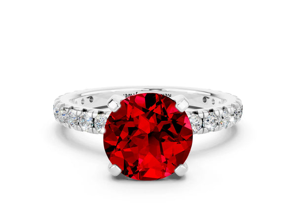 Silver Round Cut Ruby Pavé Solitaire Ring with Round Band and Prong Setting