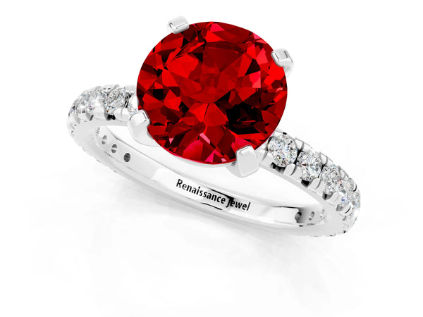 Platinum Round Cut Ruby Pavé Solitaire Ring with Round Band and Prong Setting