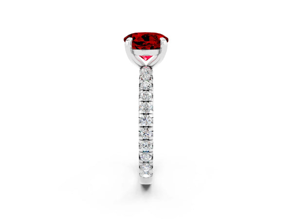 Silver Round Cut Ruby Pavé Solitaire Ring with Round Band and Prong Setting