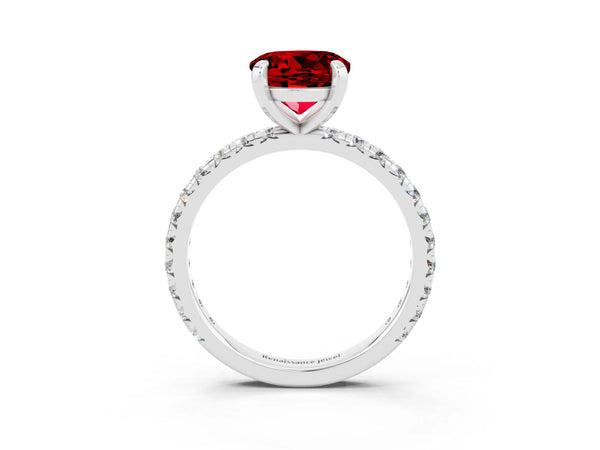 Platinum Round Cut Ruby Pavé Solitaire Ring with Round Band and Prong Setting