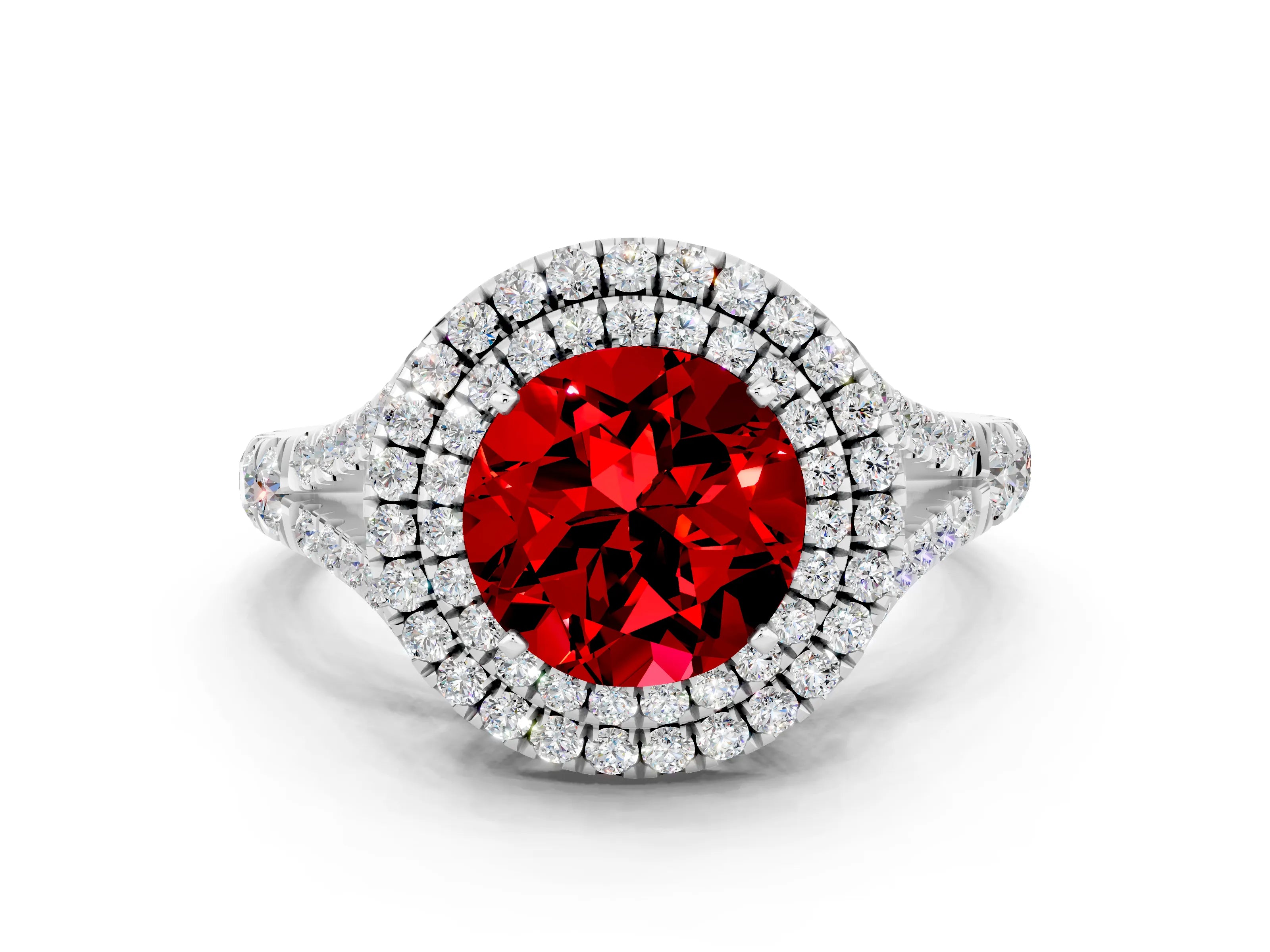 White gold Round Cut Ruby Pavé Split Shank Double Halo Engagement Ring