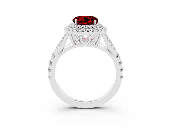 Platinum Round Cut Ruby Pavé Split Shank Double Halo Engagement Ring