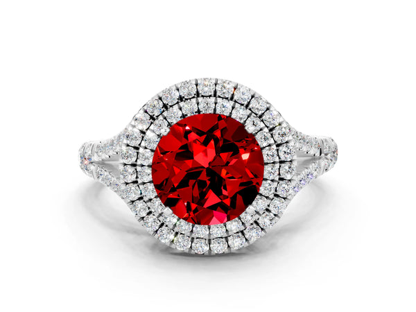 Silver Round Cut Ruby Pavé Split Shank Double Halo Engagement Ring