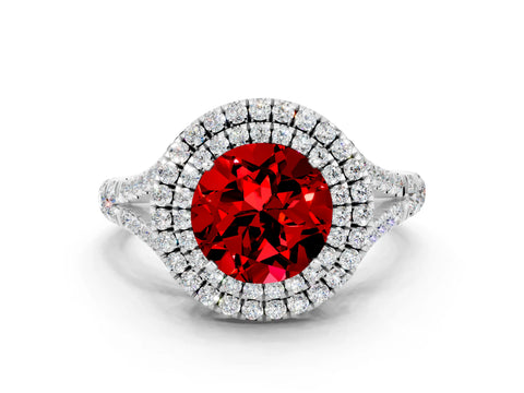 White gold Round Cut Ruby Pavé Split Shank Double Halo Engagement Ring