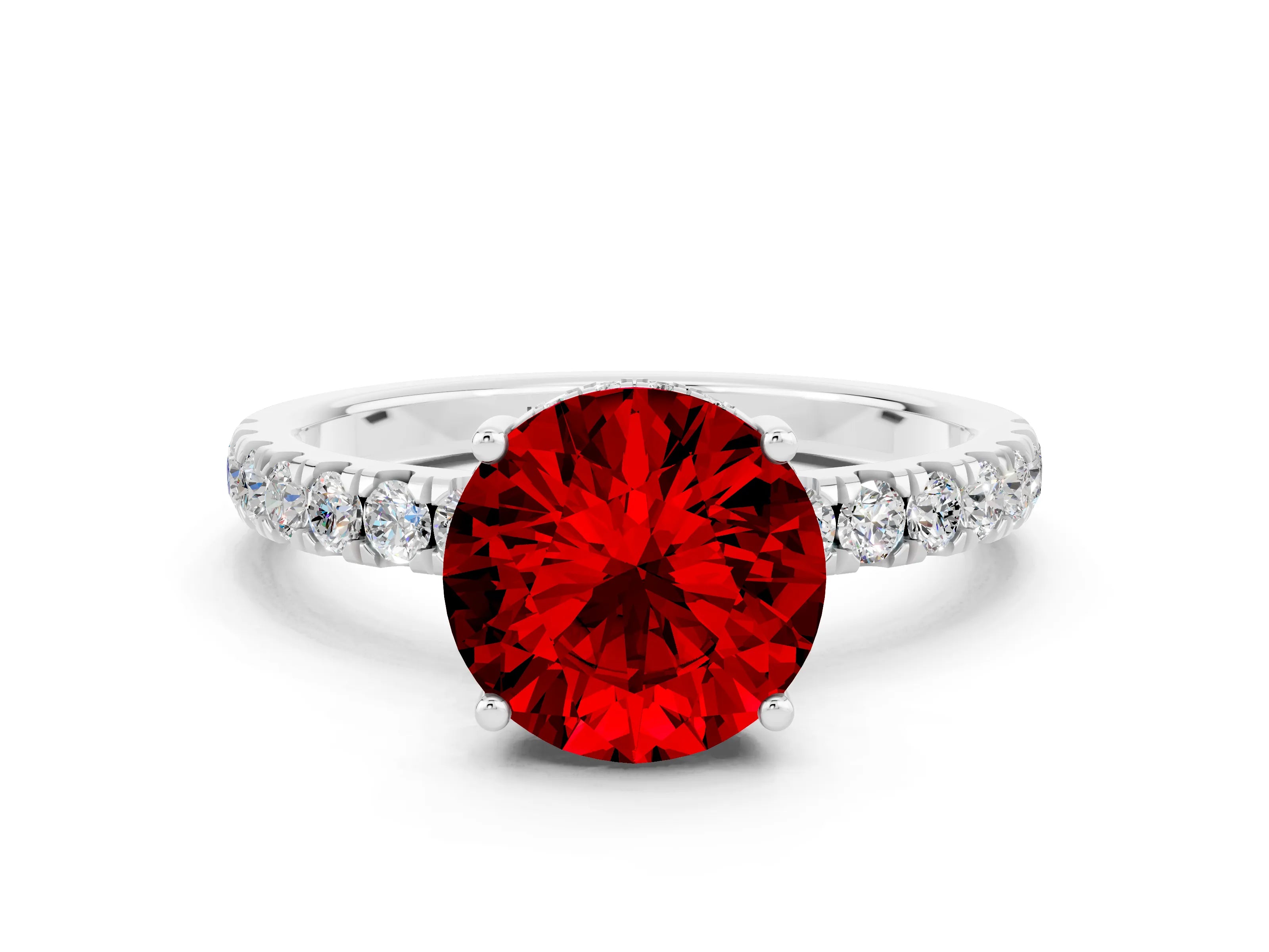 White gold Round Cut Ruby Pave Band Solitaire Ring with Four-Prong Setting_24