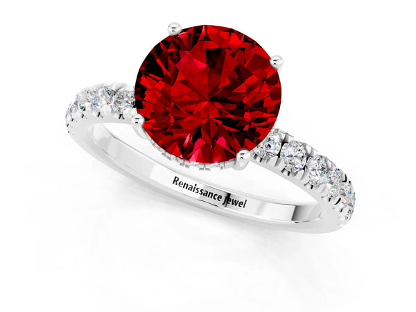 White gold Round Cut Ruby Pave Band Solitaire Ring with Round  and Prong Setting
