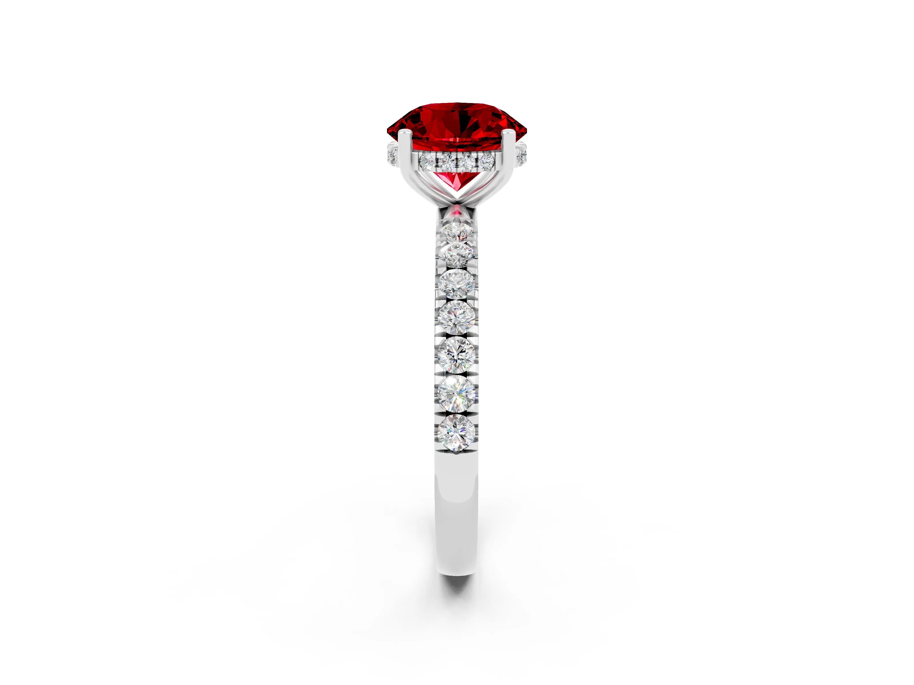 White gold Round Cut Ruby Pave Band Solitaire Ring with Four-Prong Setting_26
