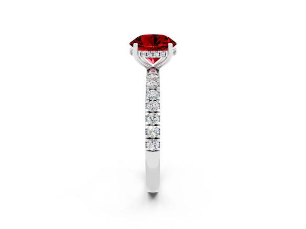 Silver Round Cut Ruby Pave Band Solitaire Ring with Round  and Prong Setting