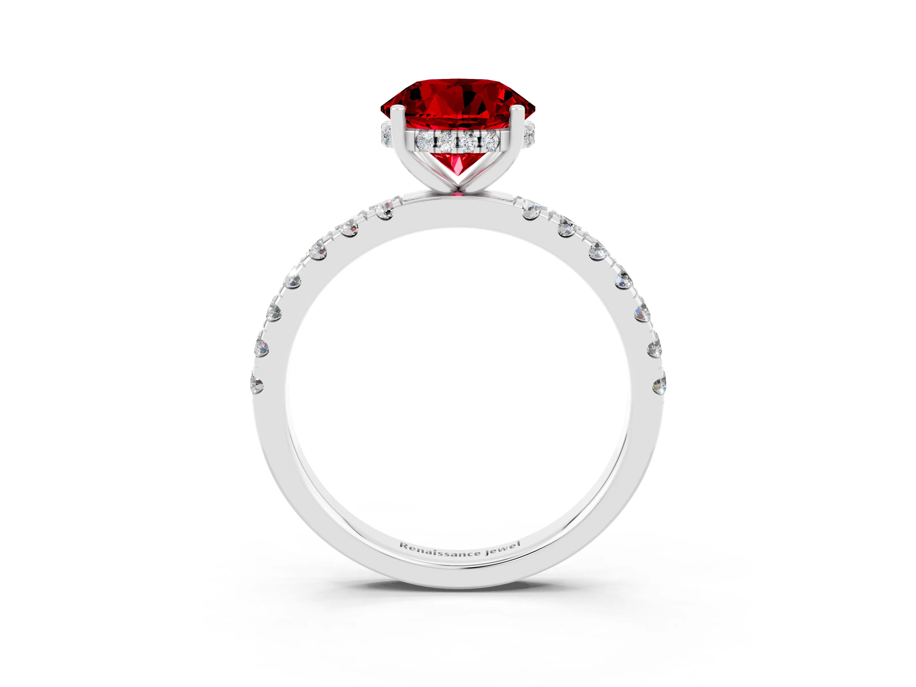White gold Round Cut Ruby Pave Band Solitaire Ring with Four-Prong Setting_27