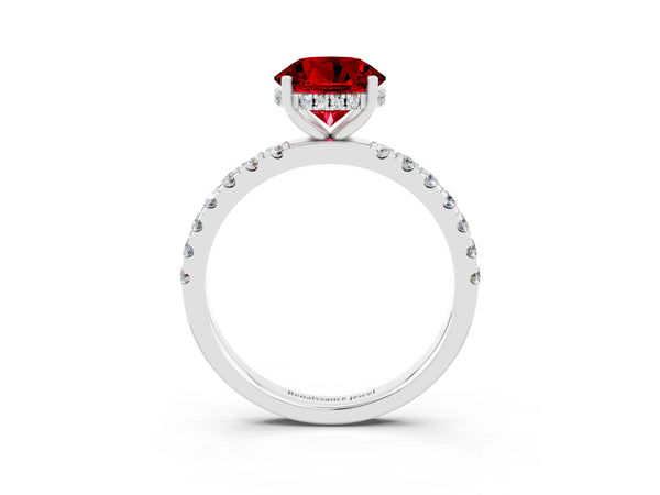 Platinum Round Cut Ruby Pave Band Solitaire Ring with Round  and Prong Setting