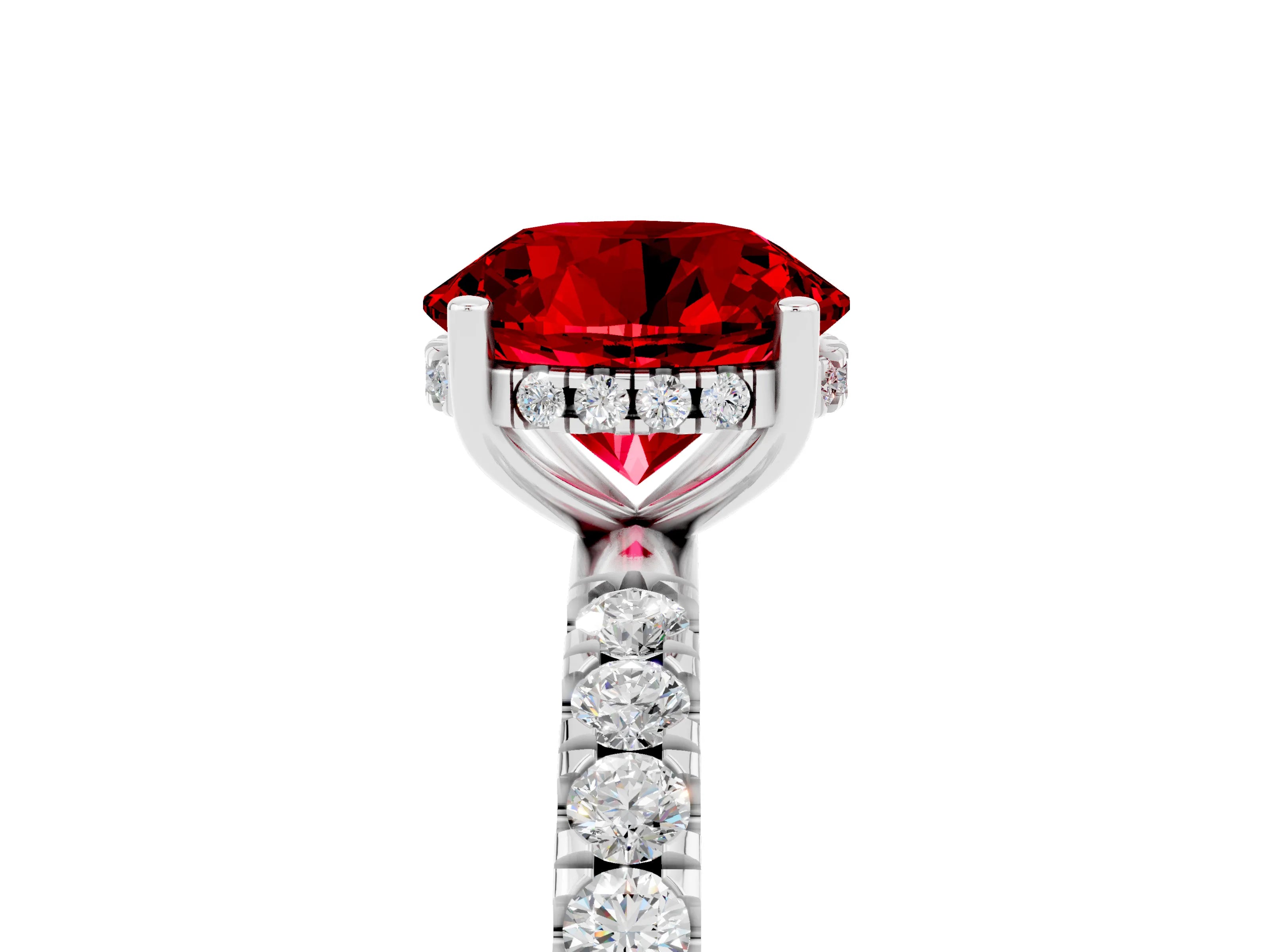 White gold Round Cut Ruby Pave Band Solitaire Ring with Four-Prong Setting_29