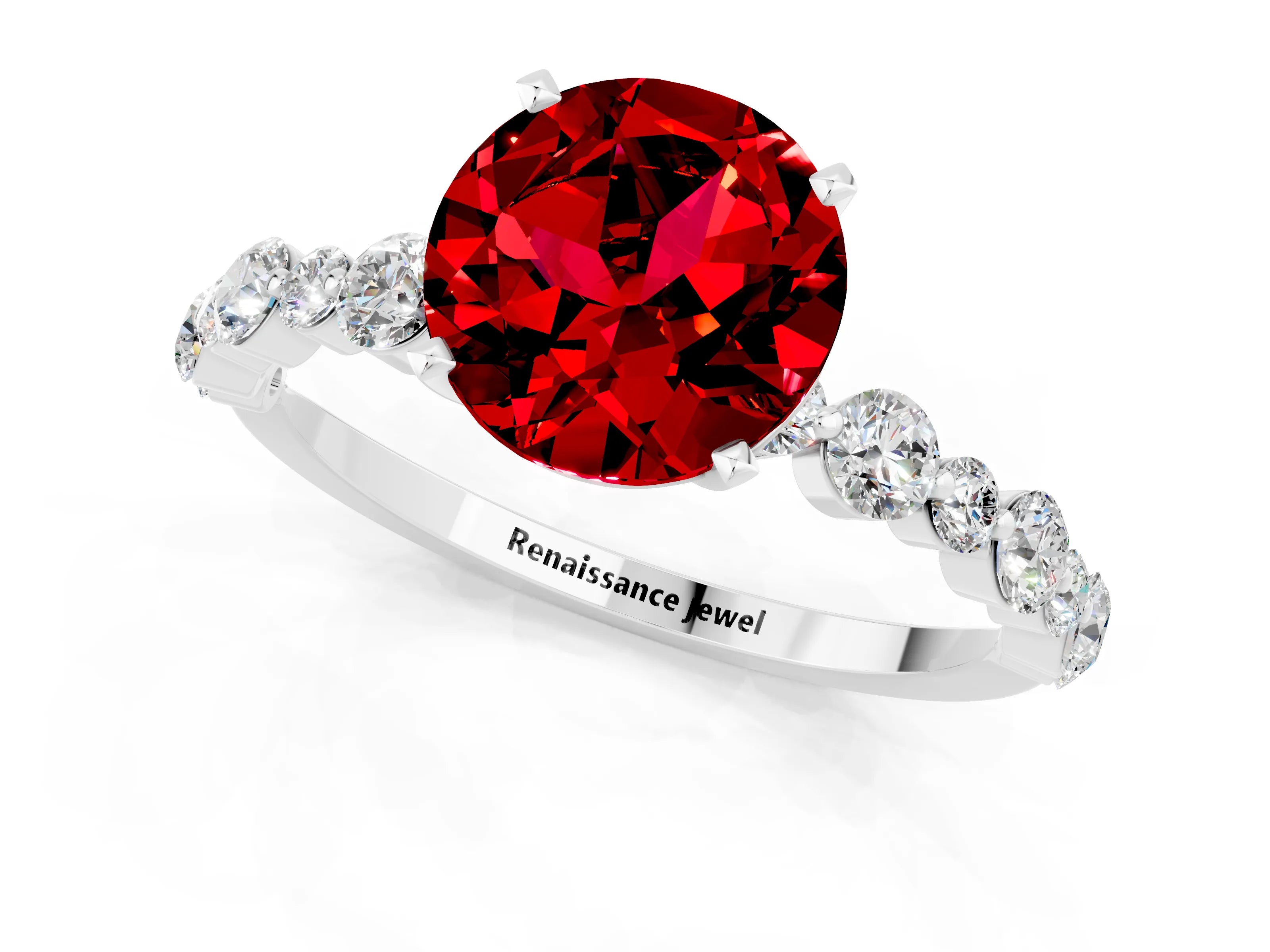 White gold Round Cut Ruby Prong Set Engagement Ring with Pavé Band_1