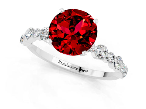 White gold Round Cut Ruby Prong Set Engagement Ring with Pavé Band_1