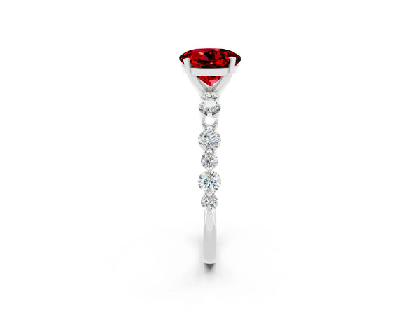 White gold Round Cut Ruby Prong Set Engagement Ring with Pavé Band