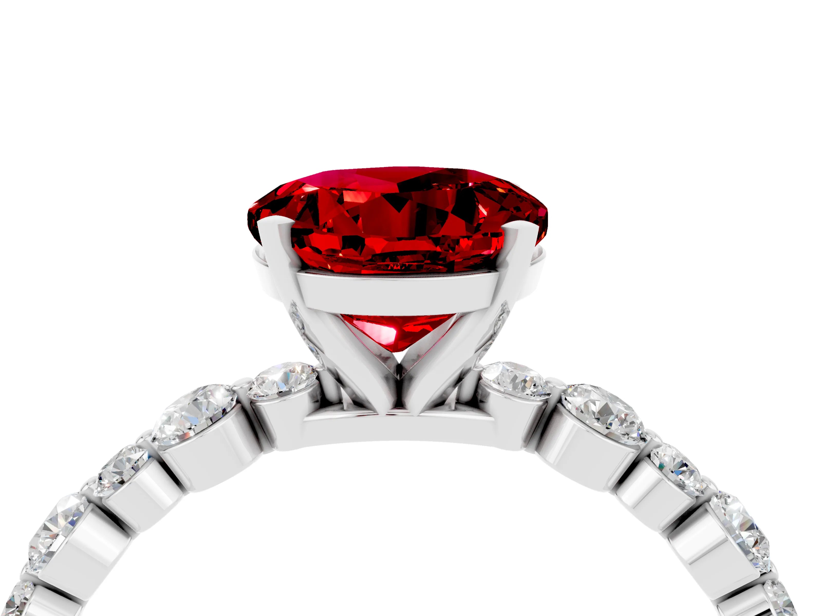White gold Round Cut Ruby Prong Set Engagement Ring with Pavé Band_4