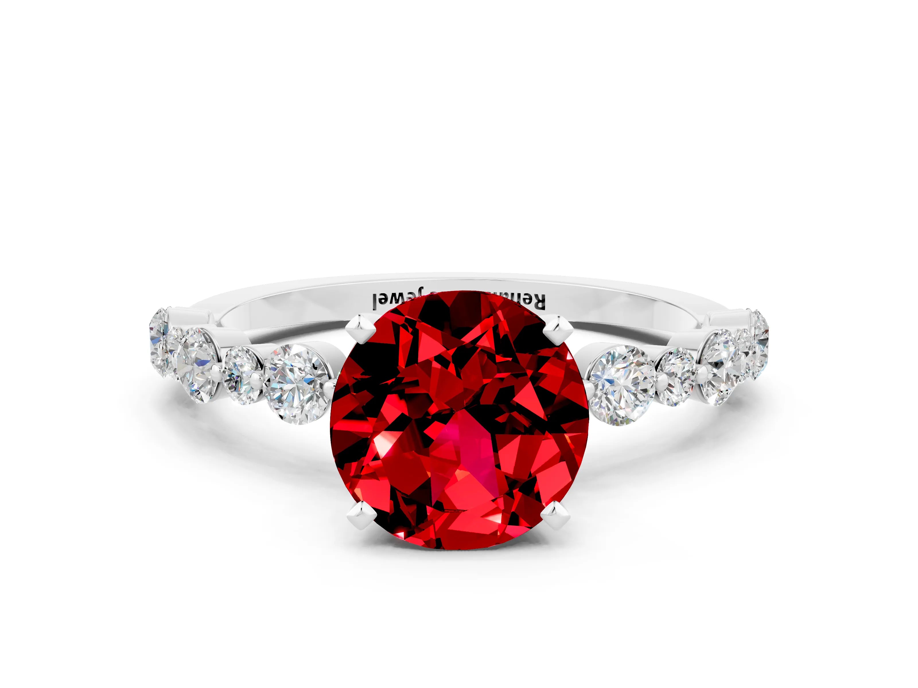White gold Round Cut Ruby Prong Set Engagement Ring with Pavé Band