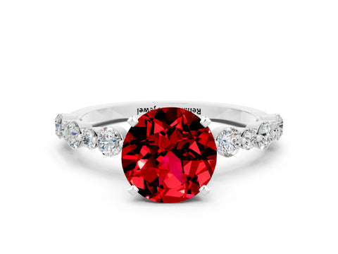 White gold Round Cut Ruby Prong Set Engagement Ring with Pavé Band