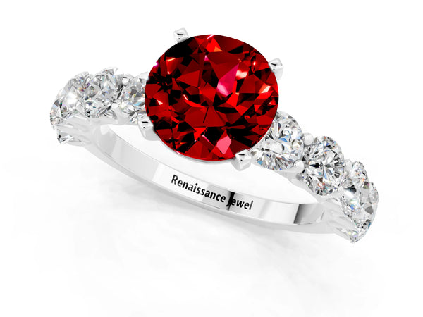 White gold Round Cut Ruby Prong Setting with Side Stones on a Pave Band