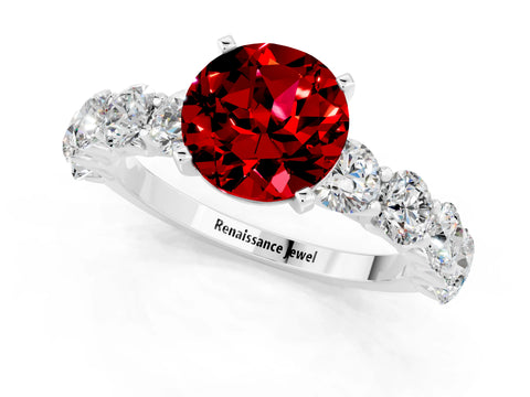 White gold Round Cut Ruby Prong Setting with Side Stones on a Pave Band_1