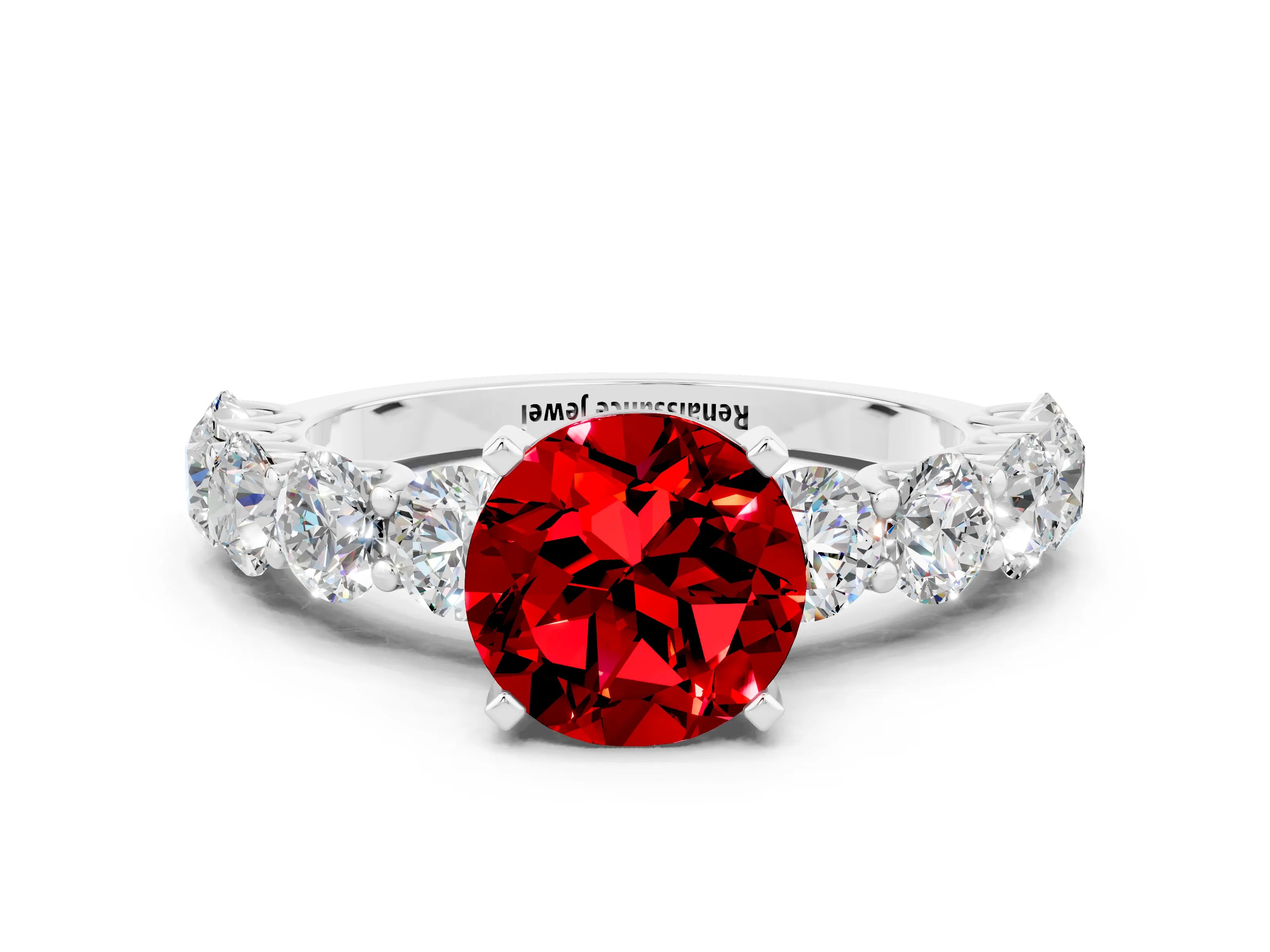 White gold Round Cut Ruby Prong Setting with Side Stones on a Pave Band