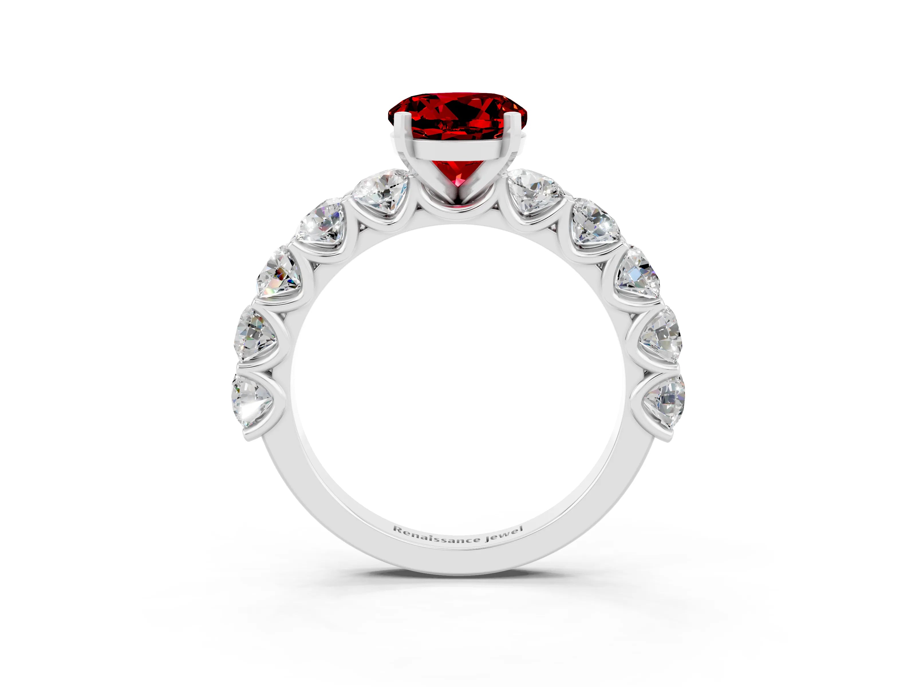 White gold Round Cut Ruby Prong Setting with Side Stones on a Pave Band_3