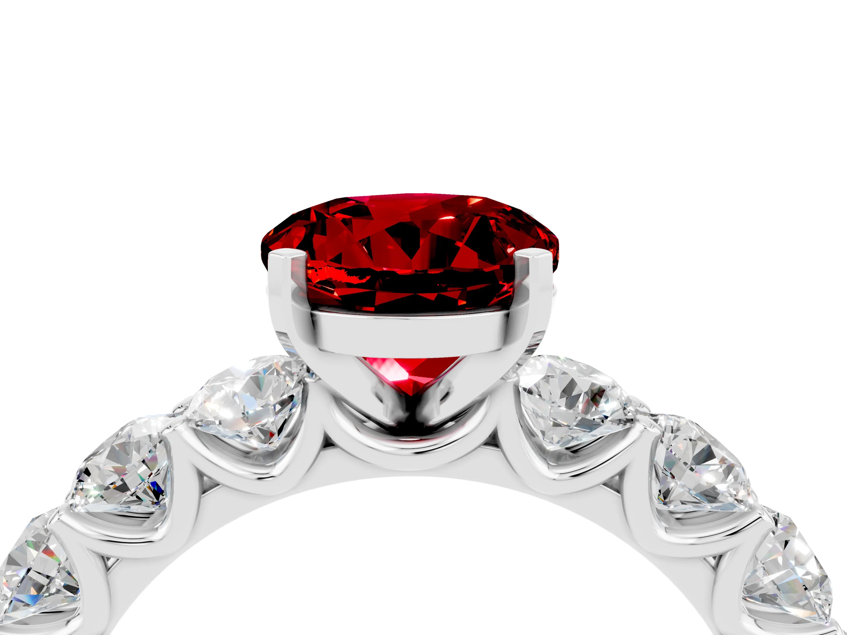 White gold Round Cut Ruby Prong Setting with Side Stones on a Pave Band_4