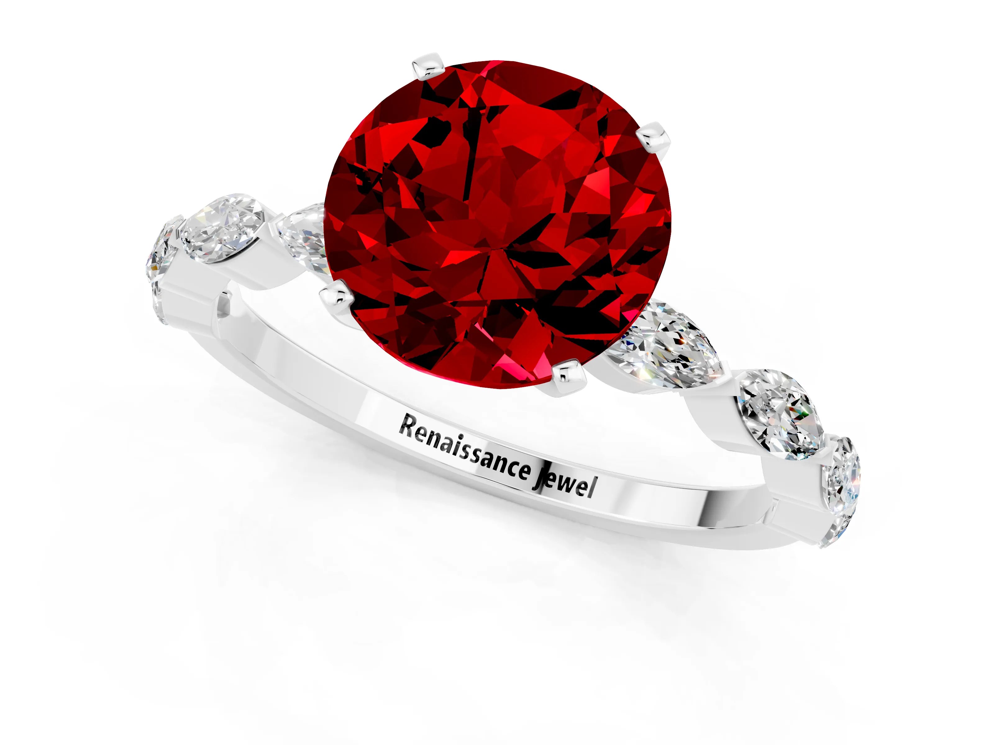 White gold Round Cut Ruby Ring with Marquise Side Stones and Prong Setting_1