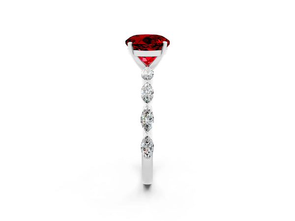 Platinum Round Cut Ruby Ring with Marquise Side Stones and Prong Setting