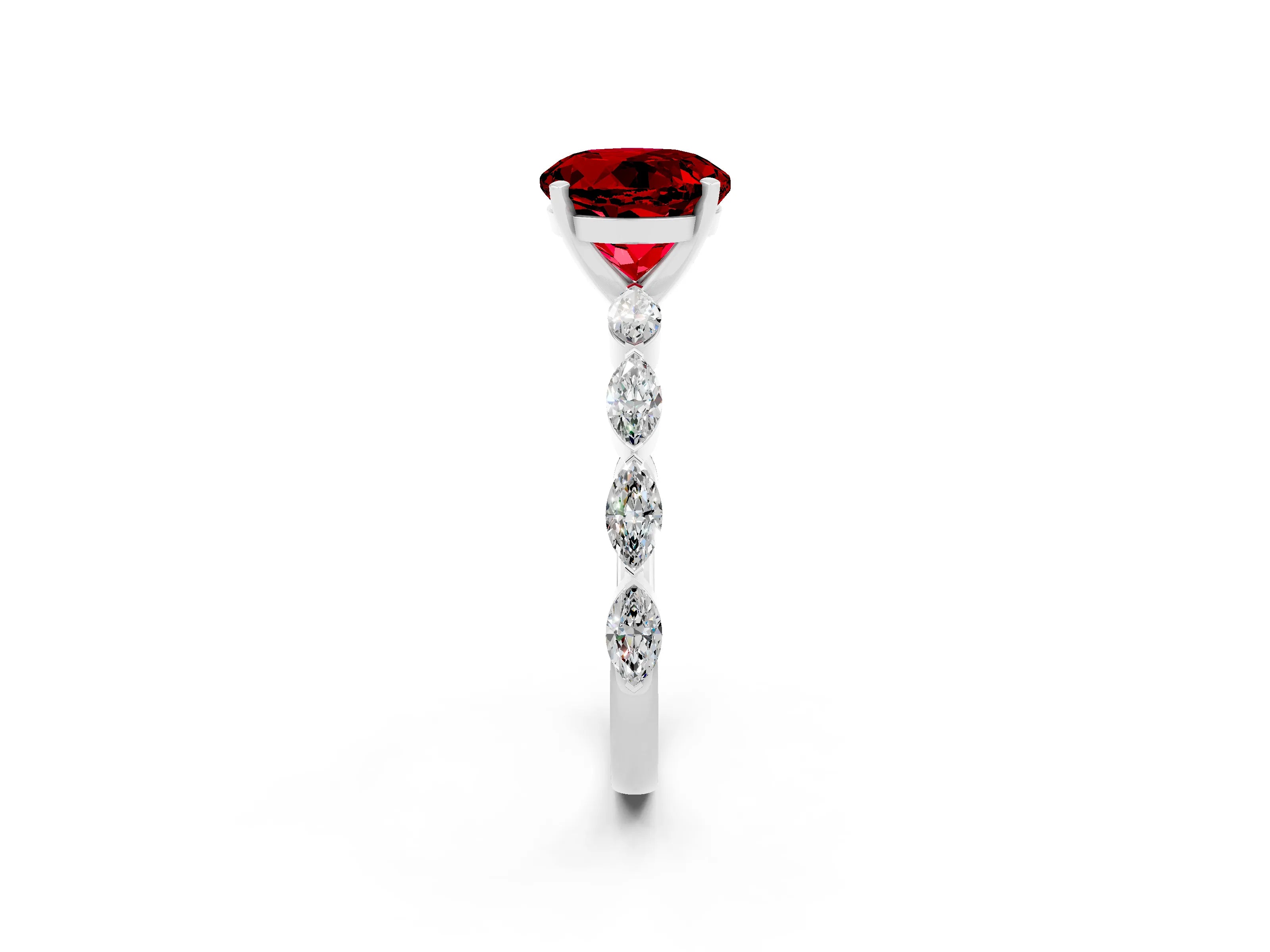 White gold Round Cut Ruby Ring with Marquise Side Stones and Prong Setting_2