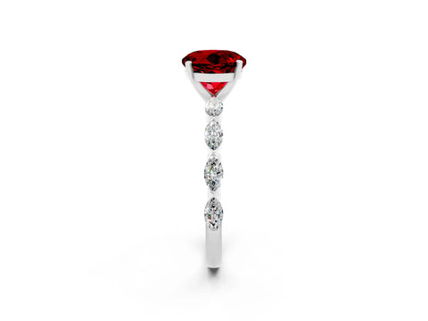 White gold Round Cut Ruby Ring with Marquise Side Stones and Prong Setting_2