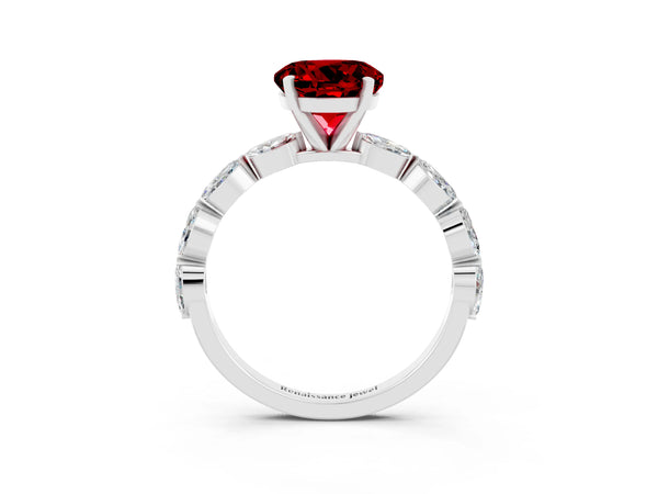 Silver Round Cut Ruby Ring with Marquise Side Stones and Prong Setting