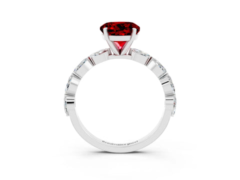 White gold Round Cut Ruby Ring with Marquise Side Stones and Prong Setting_3