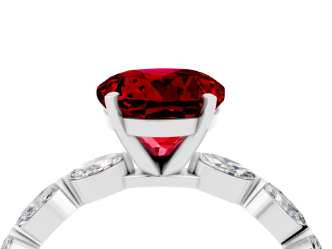 White gold Round Cut Ruby Ring with Marquise Side Stones and Prong Setting_4