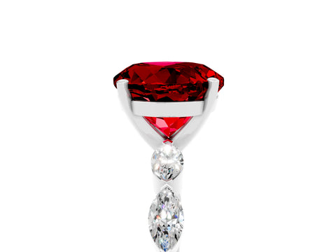 White gold Round Cut Ruby Ring with Marquise Side Stones and Prong Setting_5