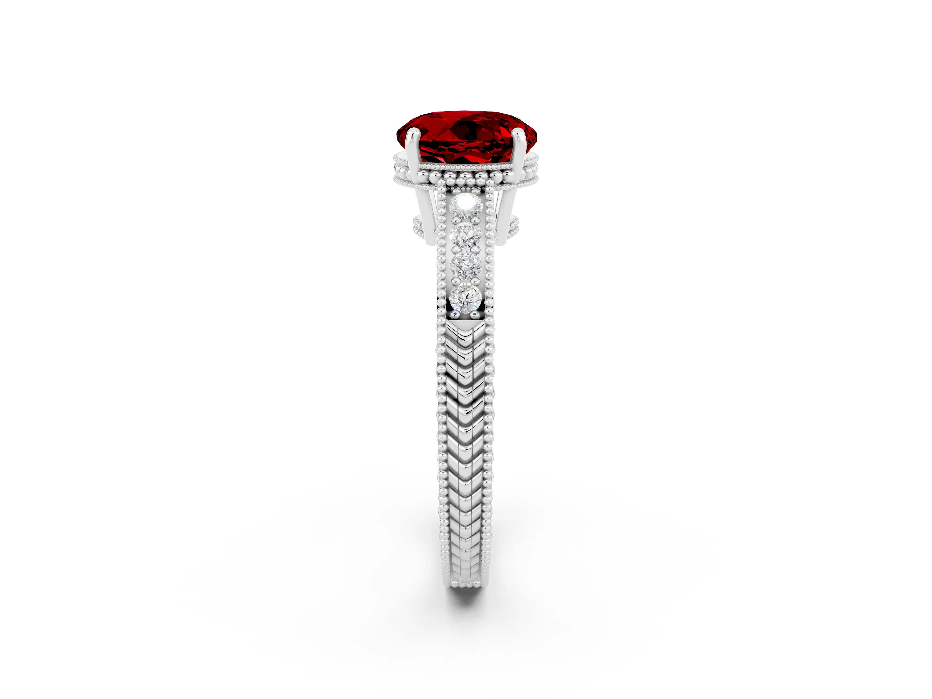 White gold Round Cut Ruby Ring with Milgrain Pavé Band and Four-Prong Setting_14