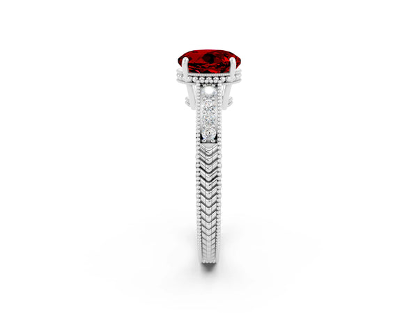 Platinum Round Cut Ruby Ring with Milgrain Pavé Band and Four-Prong Setting