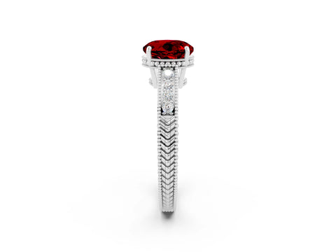 White gold Round Cut Ruby Ring with Milgrain Pavé Band and Four-Prong Setting_14