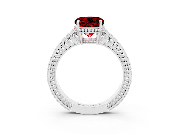 Silver Round Cut Ruby Ring with Milgrain Pavé Band and Four-Prong Setting