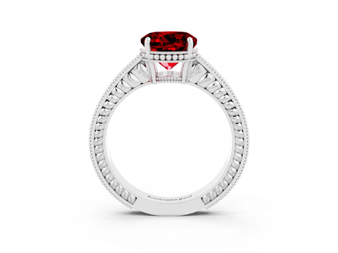 White gold Round Cut Ruby Ring with Milgrain Pavé Band and Four-Prong Setting_15
