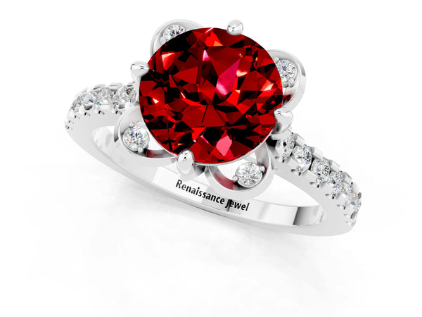 Platinum Round Cut Ruby Ring with Pavé Band and Floral Prong Setting