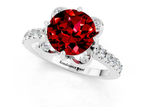 White gold Round Cut Ruby Ring with Pavé Band and Floral Prong Setting_1