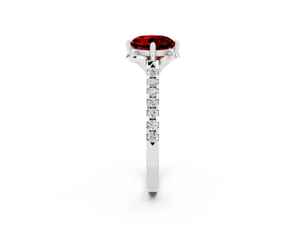 White gold Round Cut Ruby Ring with Pavé Band and Floral Prong Setting