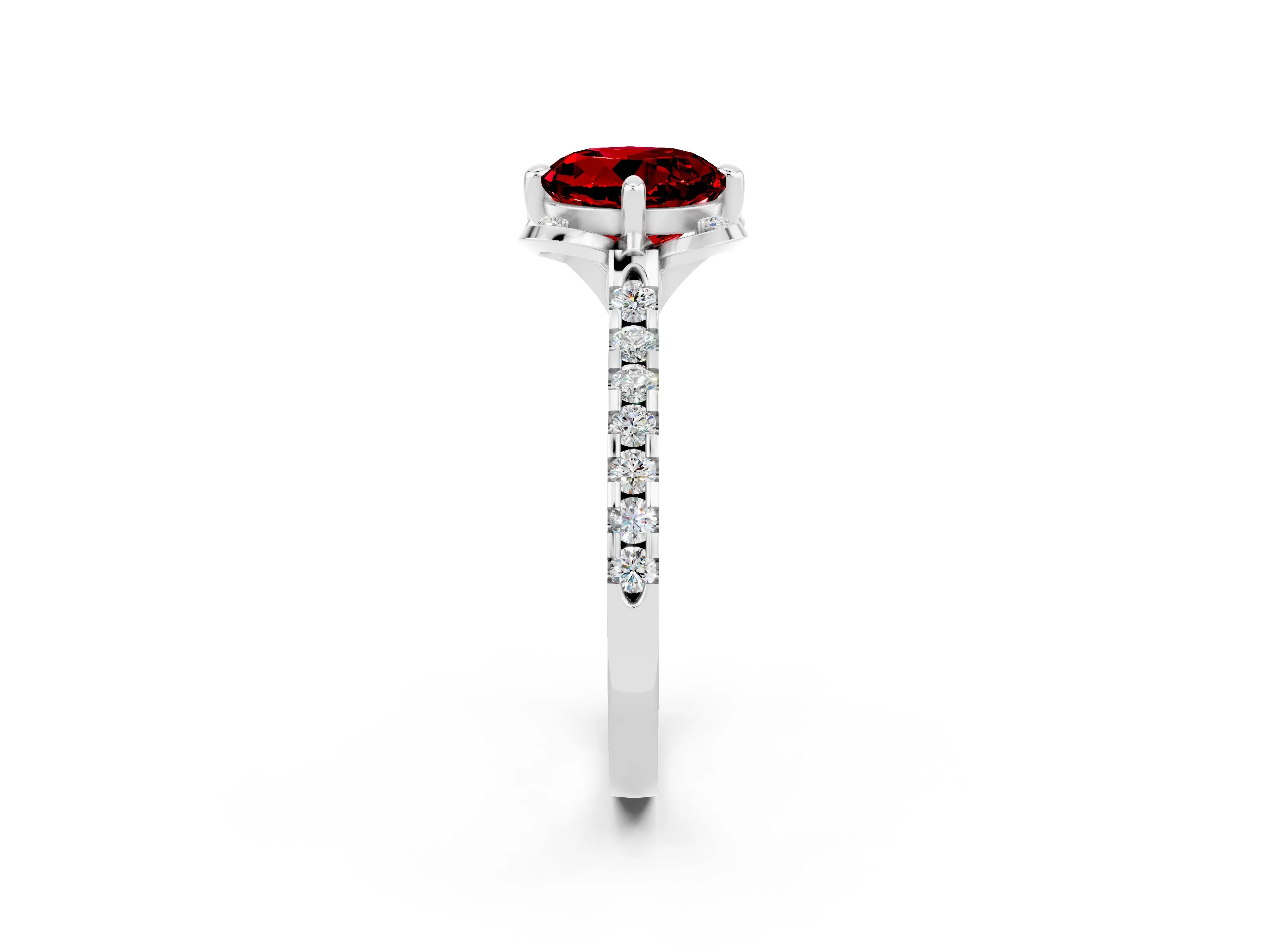 White gold Round Cut Ruby Ring with Pavé Band and Floral Prong Setting_2