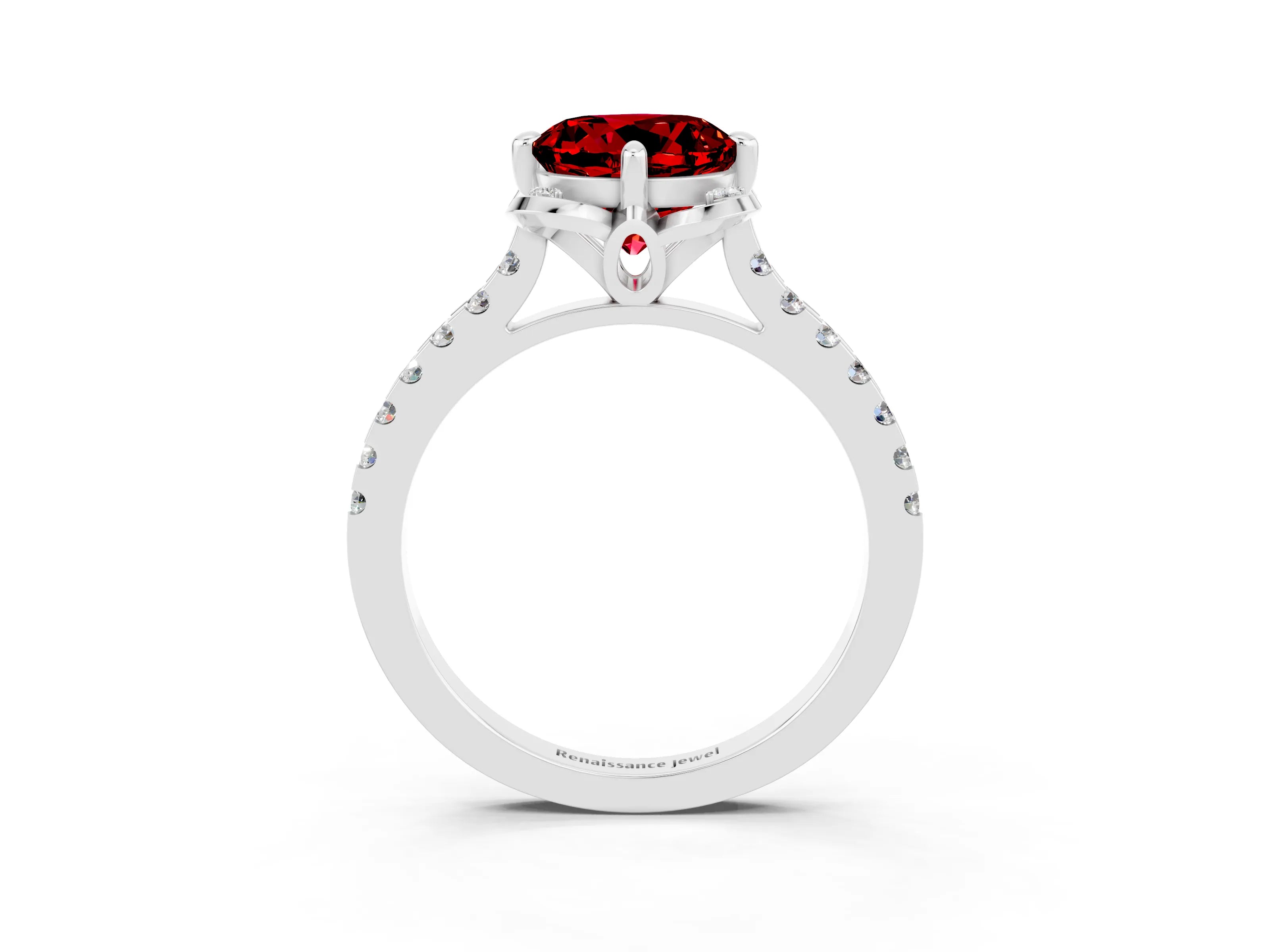 White gold Round Cut Ruby Ring with Pavé Band and Floral Prong Setting_3