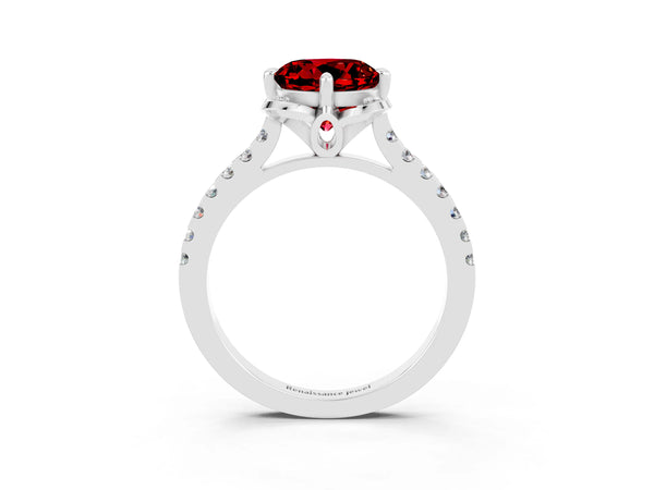 Platinum Round Cut Ruby Ring with Pavé Band and Floral Prong Setting