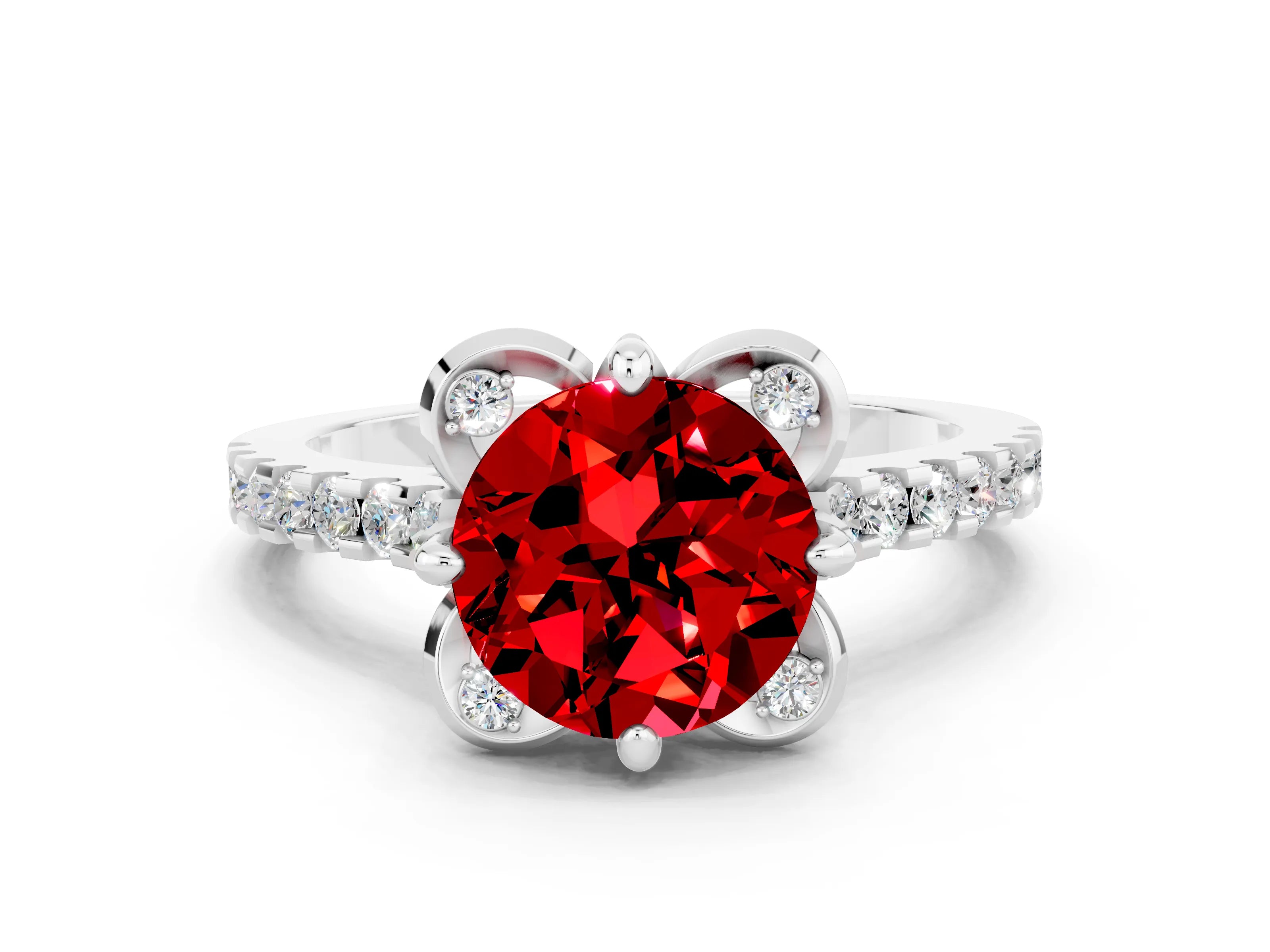 White gold Round Cut Ruby Ring with Pavé Band and Floral Prong Setting